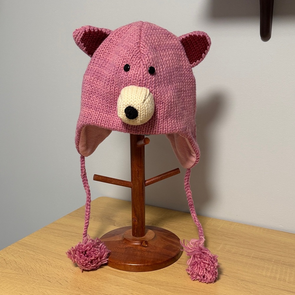 Handmade Bear Earflap Hat | 100% Wool | Made in Nepal | Pink Fleece Lined